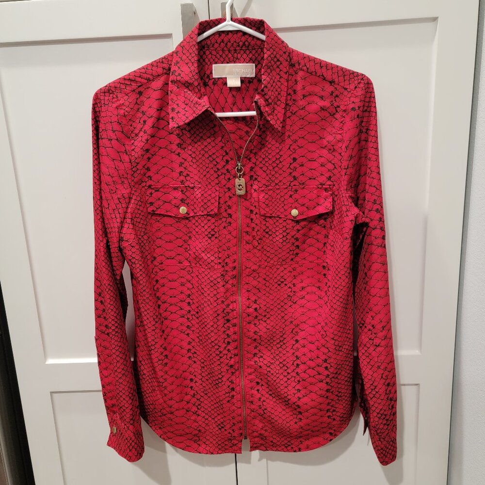 Michael Kors Women Red Long Sleeve Shirt Full Zip Animal Print Small